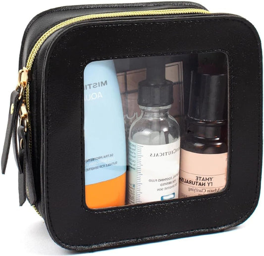 2 Pcs Clear Makup Bag Set, Clear Cosmetic Bags with Zipper Waterproof Small Travel Cosmetic Case Cute Make Up Pouch Mini Car Essentials for Women Travel Car Organizer (Mini Black)