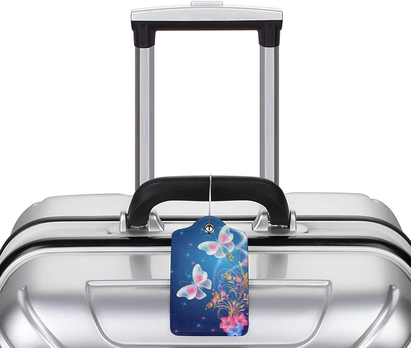 2 Pcs Beautiful Blue Luggage Tags with Two Butterflies for Women Girls Travel, Flower PU Leather Bag Tags for Suitcases with Stainless Steel Loop & Privacy Name ID Card, Labels Identifiers