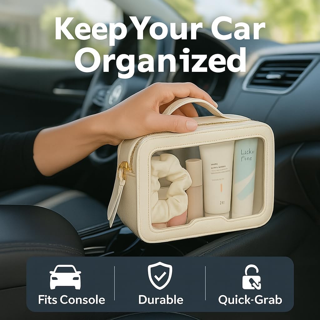 PACKISM Medium Clear Makeup Bag - PU Leather Clear Travel Bags for Toiletries Car Bag for Essentials, with Message Card Cosmetic Bags Makeup Case for Women Gift (Cream Medium)