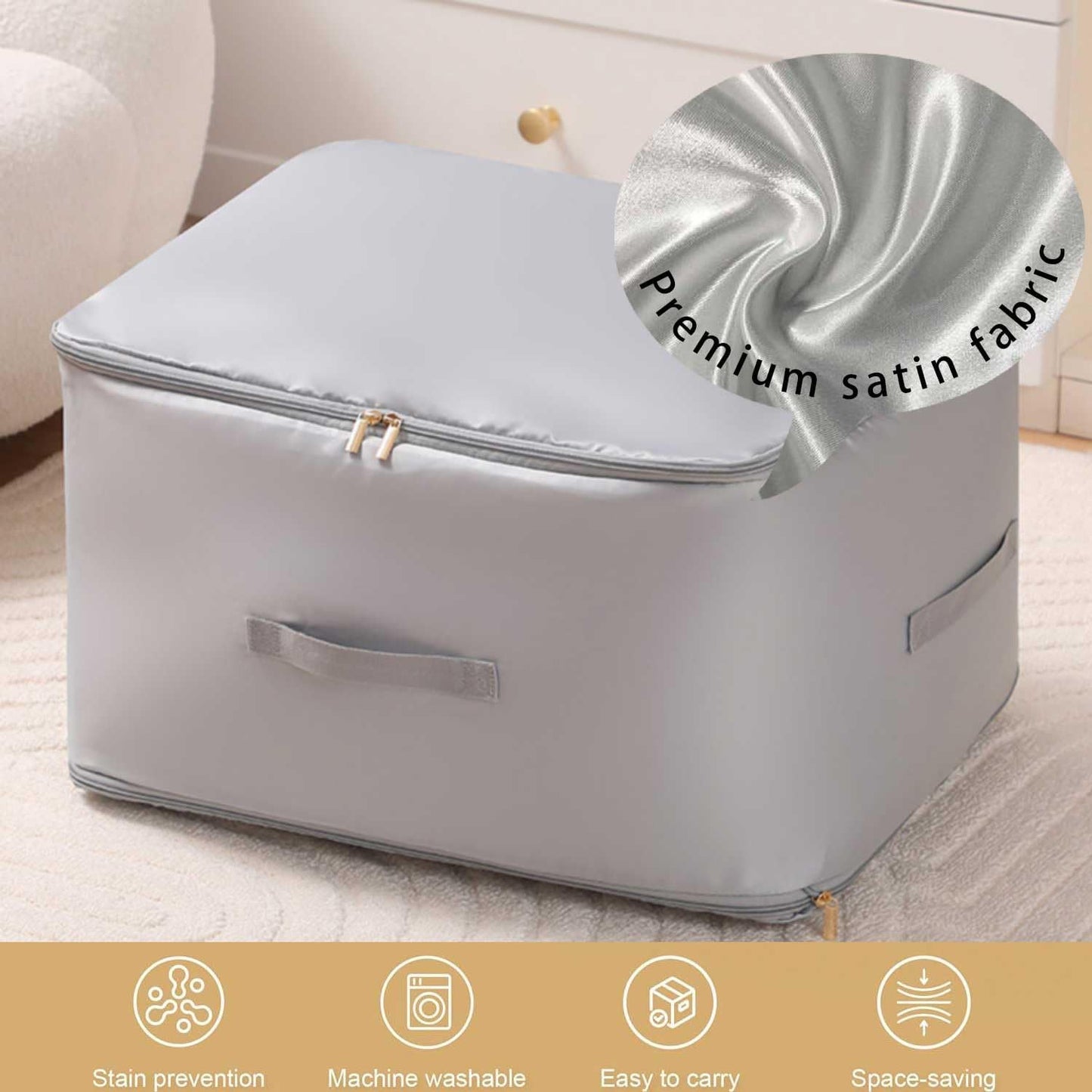 Ultra Space Saving Self Compression Organizer, 2025 New 3-Layer Zipper Large Capacity Storage Bag, Thick Satin Fabric Heavy Duty Bags for Comforters Blankets Bedding Duvet (Gray, X-Large, 2PC)