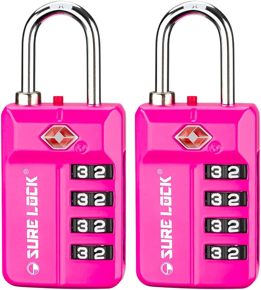 SURE LOCK TSA Approved 4-Digit Resettable Combination Luggage Locks with Open Alert, Easy-Read Dials - for Luggage, School Lockers, Gym, Office, Toolbox & Security Cases (Pink 2 Pack)