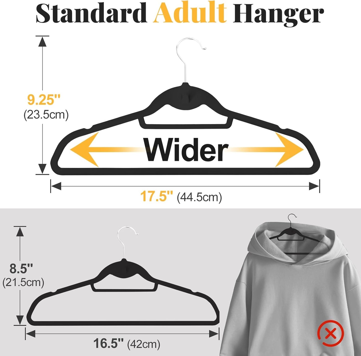 Velvet Felt Stackable Hangers 50 Pack, Non Slip, with 360° Swivel Hook, Ultra Thin and Space Saving for Suits, Shirts, Coats, 15Lbs Capacity Heavy Duty, Black