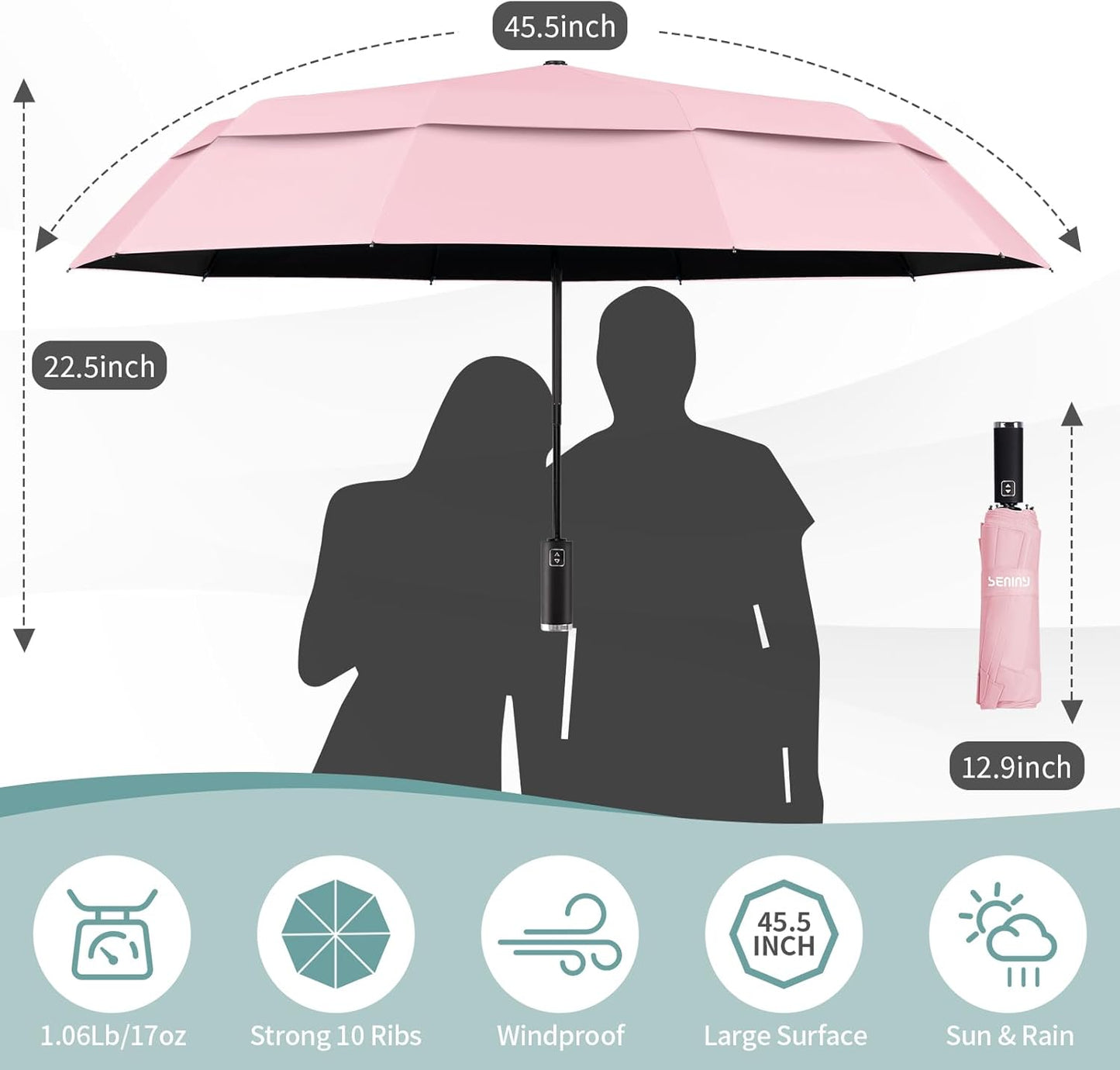 Seniny Windproof Travel Umbrella, Double Vented Canopy Large Umbrellas for Rain, Automatic Compact Umbrella for Car Backpack, Portable Pocket UV Umbrellas for Sun Protection Walking, Lightweight