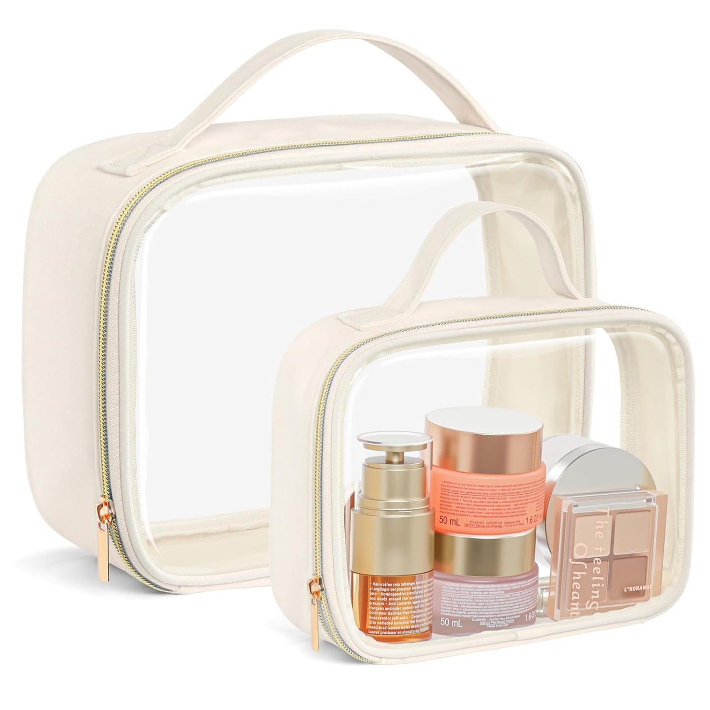 PACKISM Clear Makeup Bag - 2 Pack TSA Approved Toiletry Bag with Handle and 180° Large Opening, Sturdy Clear Toiletry Bag Fit Carry-on Travel Essential, Travel Bags for Toiletries, Creamy Off-White