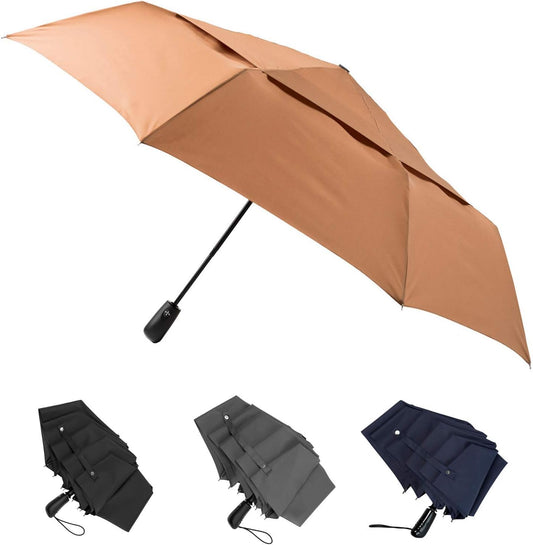 Large Umbrella Windproof 54 Inch Folds Into Portable Travel Size - Big Enough To Comfortably Fit In 2 Adults - Auto Open Close and Patented Vortex System For Superior Safety And Durability (Brown)