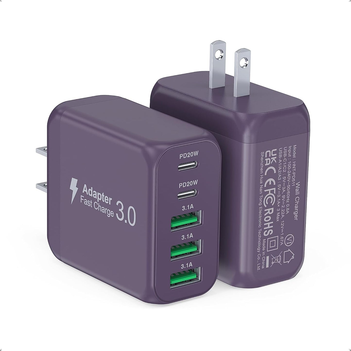 50W 2-Pack USB C Wall Charger Block, 5-Port C Charger Fast Charging Block PD Power Adapter +QC 3.0 Multiport Type C Box Brick Cube USB A Wall Plug for iPhone 16/15/14/13 Pro Max,Samsung Galaxy(Purple)