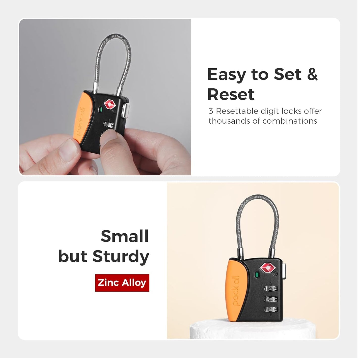 pack all TSA Approved Cable Luggage Locks, 3 Digit Combination Padlocks, Travel Lock for Suitcases & Bag, Alloy Body, Travel Accessories (4 Pack)（Orange）