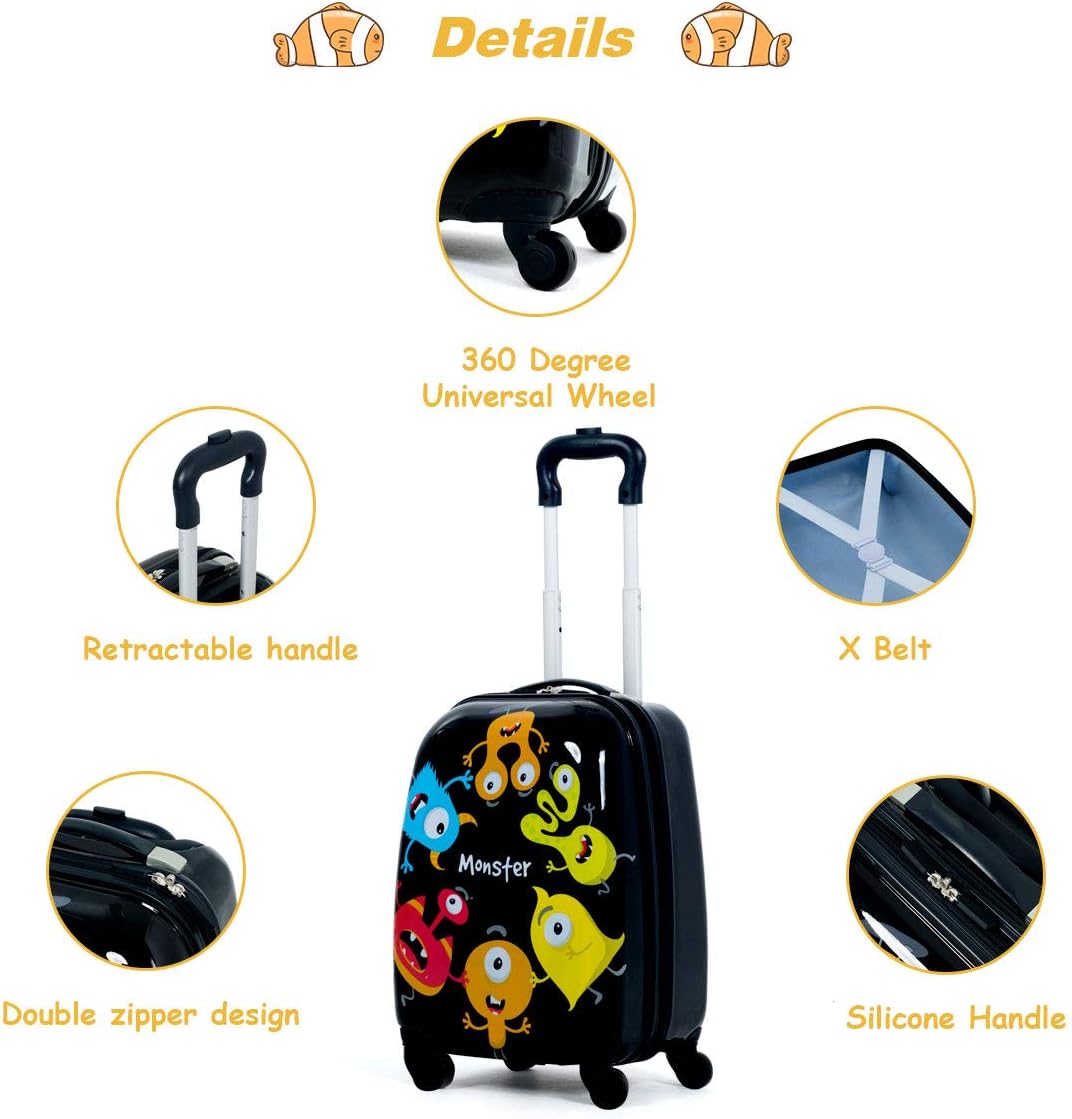 HONEY JOY Kids Luggage, 12" Toddler Backpack & 16" Travel Suitcase with Wheels, Lightweight Toddler Girls Suitcase, Durable ABS Hardshell, 2Pcs Carry On Luggage Set for Boys Girls, Black Monster