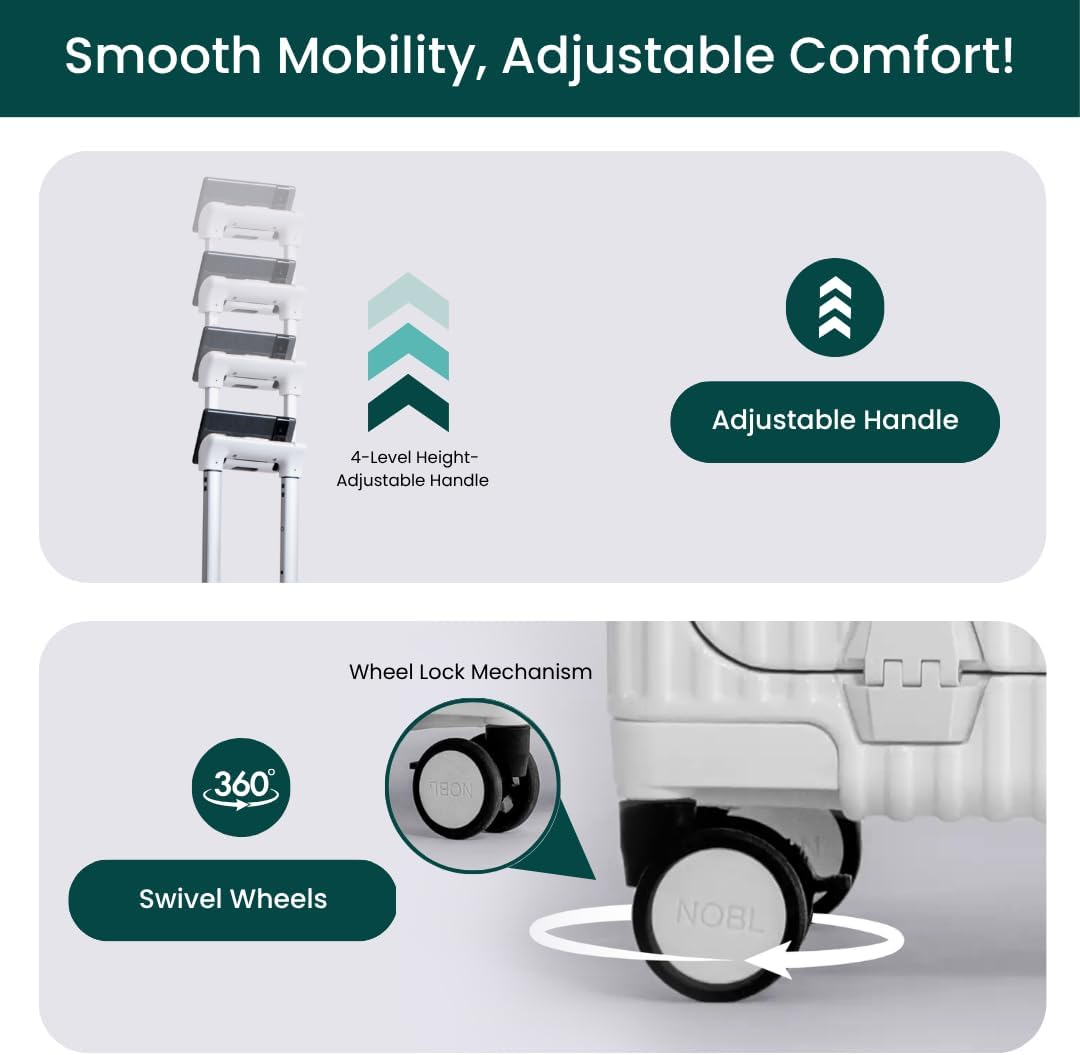 Nobl Travel Carry On Luggage, Noble Zipperless Aluminum Frame PC Hard Shell Suitcase, 22.5x15x9.5 Airline Approved, 360° Spinner Wheels, TSA Locks, USB Charging Port, Cup & Phone Holder - White