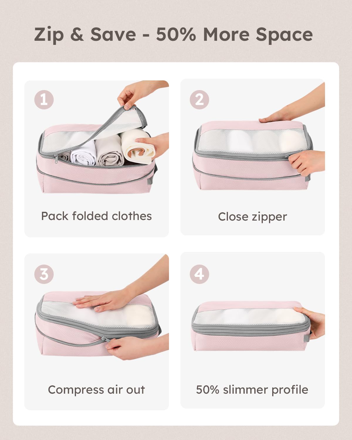 4 Set Compression Packing Cubes for Travel, Bonus Versatile Drawstring Backpack, Lightweight Luggage Organizer Bags, Sturdy Travel Accessories for Suitcase, Pink