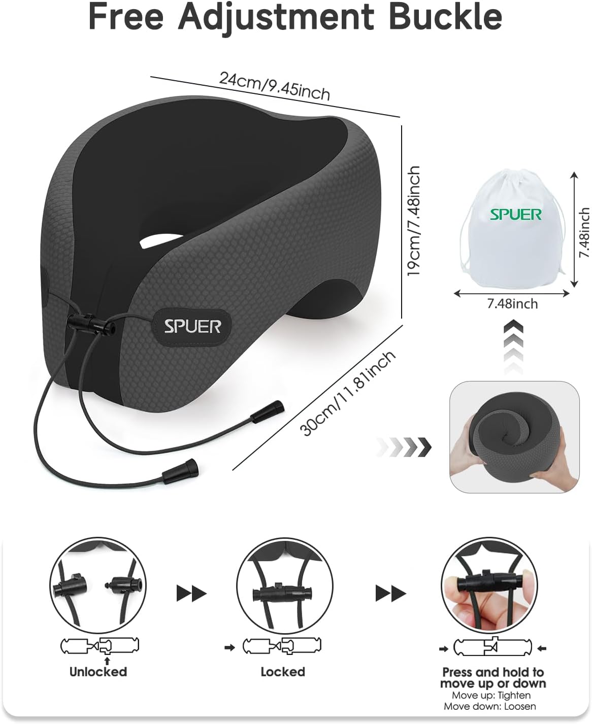 Travel Pillows for Airplanes, Neck Pillow Airplane, Airplane Travel Accessories with Eye Mask, Earplugs & Storage Bag, Ergonomic Memory Foam Neck Pillow for Sleeping, Flights, Cars (Dark Gray & Black)