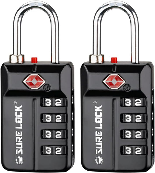 SURE LOCK TSA Approved 4-Digit Resettable Combination Luggage Locks with Open Alert, Easy-Read Dials - for Luggage, School Lockers, Gym, Office, Toolbox & Security Cases (Black 2 Pack)