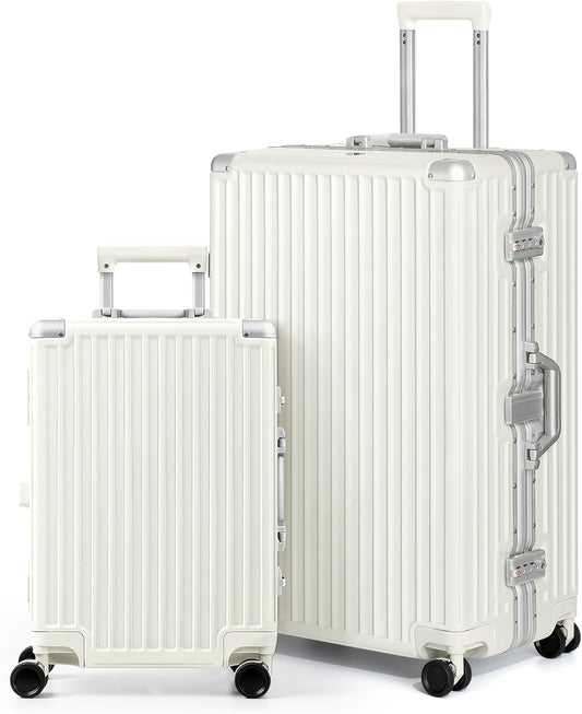 AnyZip Luggage Sets 2 Piece Aluminum Frame Carry On and Checked Suitcase PC ABS Hard Shell TSA Lock No Zipper(White, 20/28)