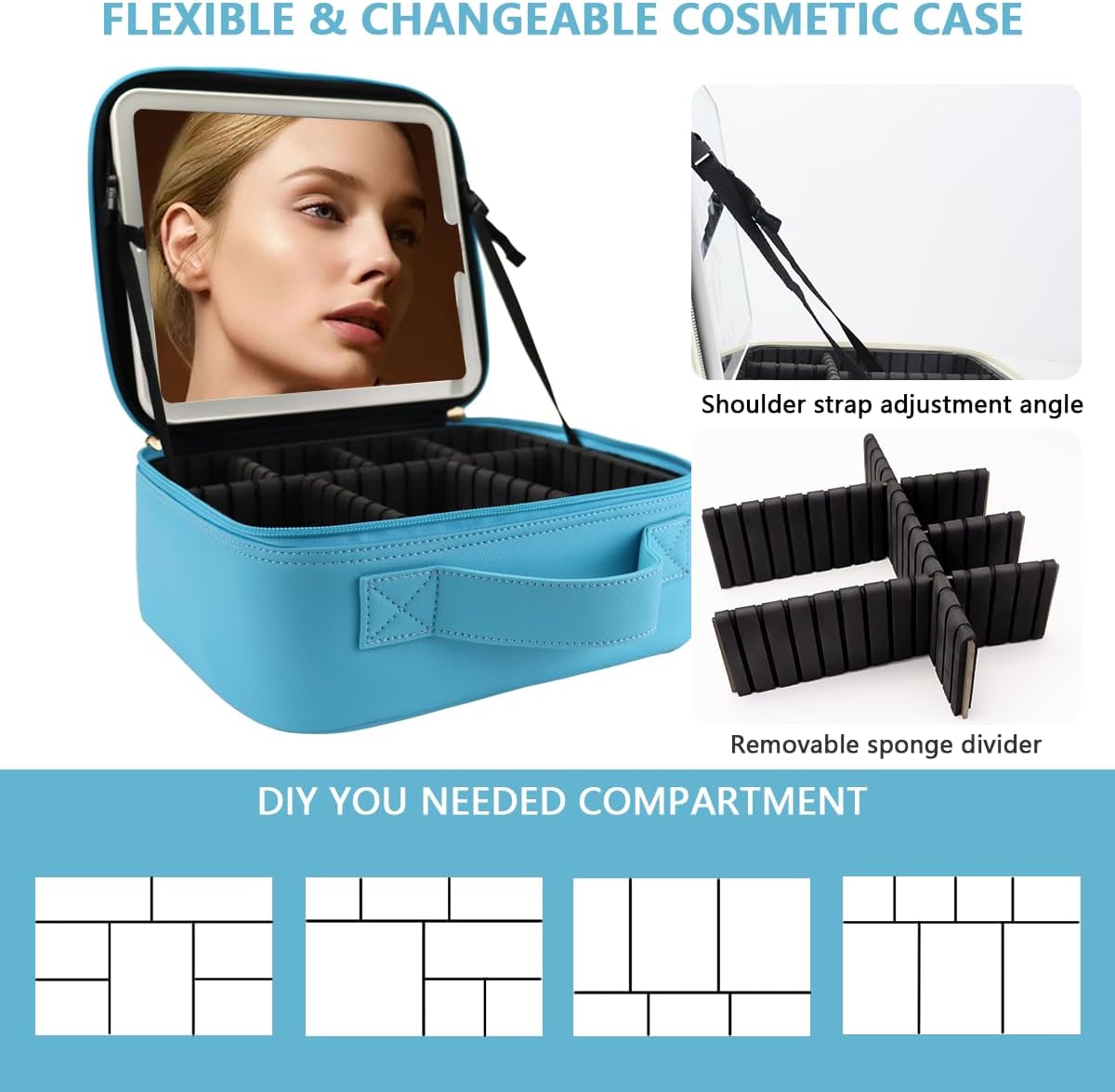 Travel Makeup Bag for Makeup Artists Large Makeup Case,with Mirror 3 Color Setting and Detachable 10x Magnifying Mirror Travel Makeup Bag,Portable Storage and Adjustable Dividers（blue）