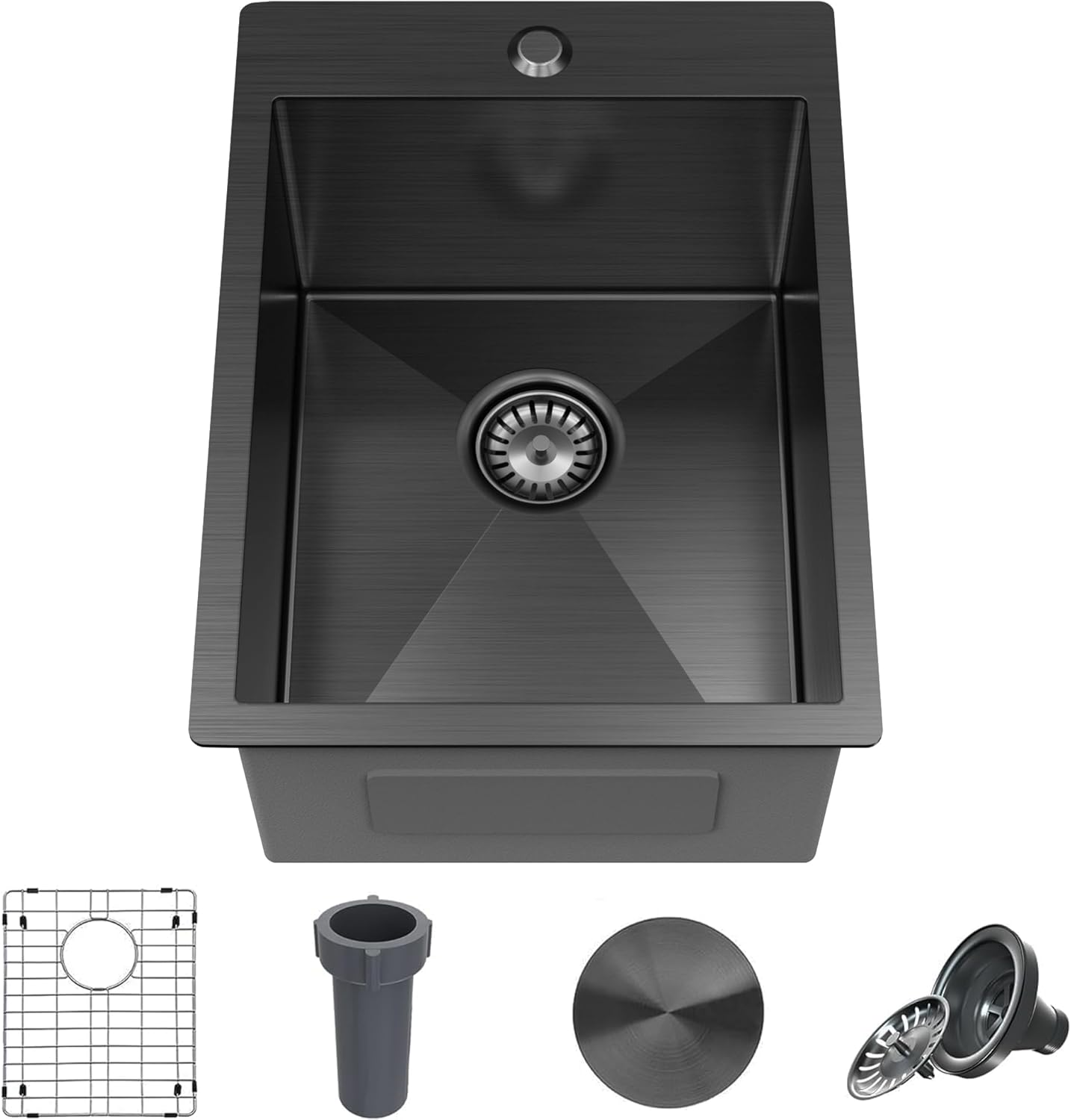 15 x 20 Inch Black Drop In Kitchen Sink - Single Bowl Topmount Bar Prep Sink - 18 Gauge Stainless Steel with Grid and Basket Strainer