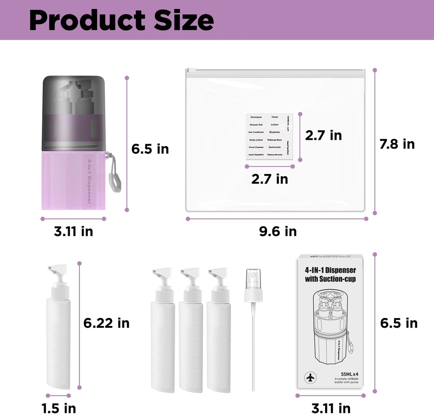 4 in 1 Travel Toiletry Containers,TSA Approved Refillable Travel Size Toiletries Bottles Set with Suction Cup for Smooth Walls - for Shampoo,Conditioner,Body Wash,Lotion.(Pink)