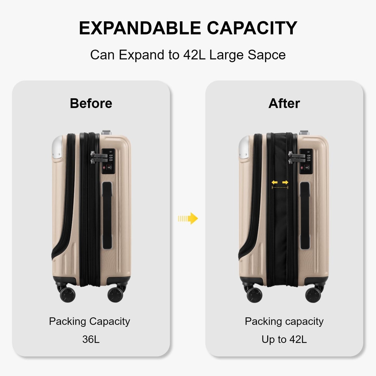 LEVEL8 Grace Carry on Luggage with Front Compartment, 20 Inch Expandable Hardside Suitcases with Wheels, Abs+Pc Harshell Spinner Luggages with Tsa Lock, Travel Bag for Women Men, Champagne