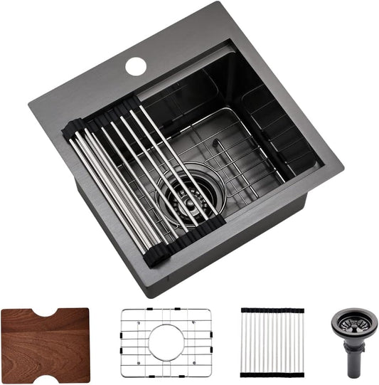 15 Inch Black Bar Sink Drop In Workstation-Bokaiya 15x15 Drop In Bar Sink Small Kitchen Outdoor Rv Sink 16 Gauge Black Stainless Steel Single Bowl Kitchen Sinks with Cutting Board