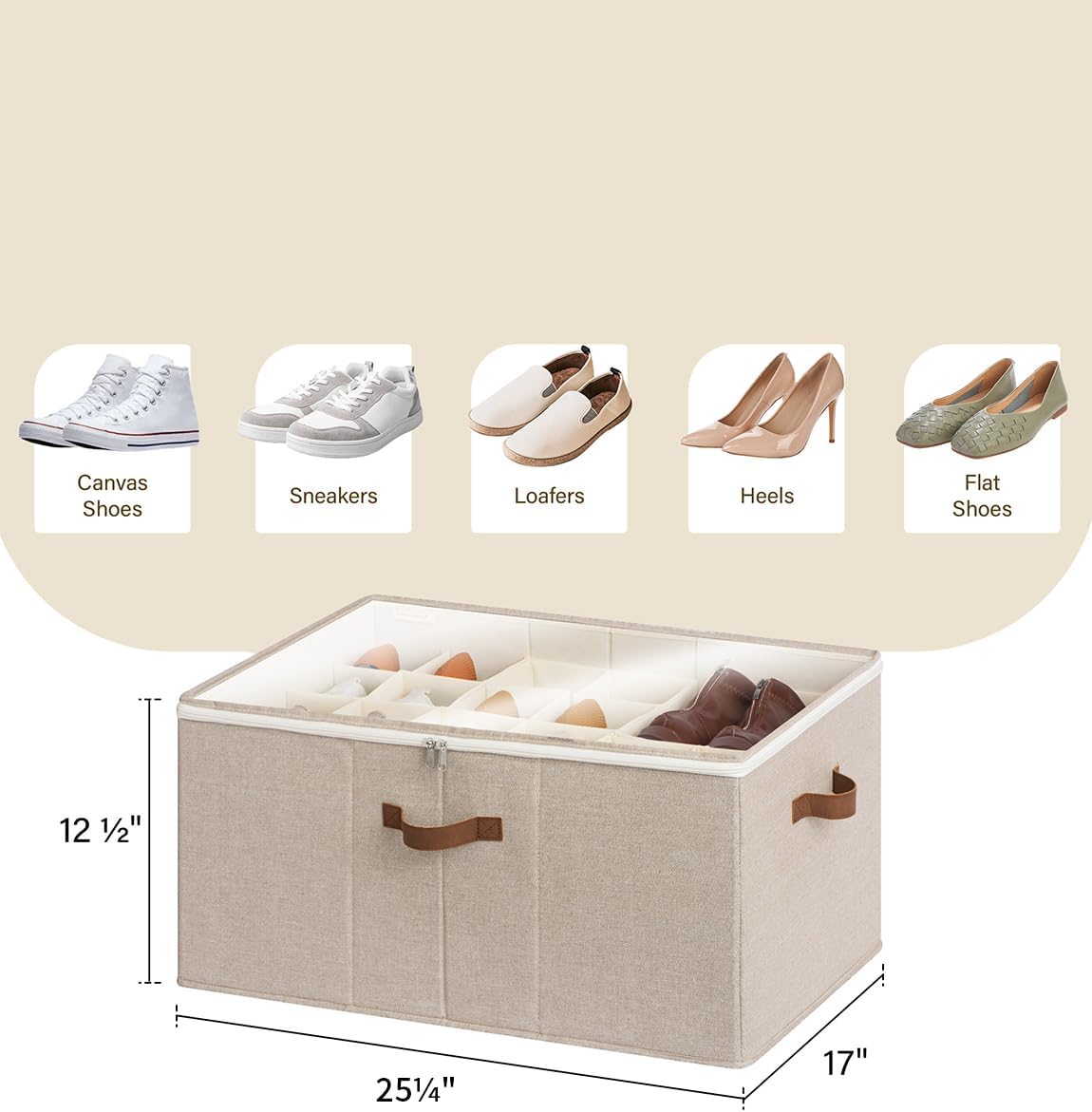 StorageWorks Shoe Organizer for Closet, Fits up to 24 Pairs, Shoe Cubby Storage Containers with Adjustable Dividers and Clear Cover, Mixing of Brown & Beige