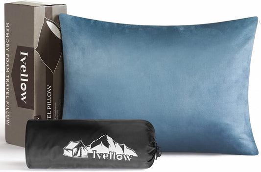 Ivellow Memory Foam Travel Pillow Compressible Camping Pillow for Sleeping Shredded Memory Foam Pillow Compact Firm Supportive Travel Pillow for Adults Kids Outdoor Hiking Essential Gear Blue-S