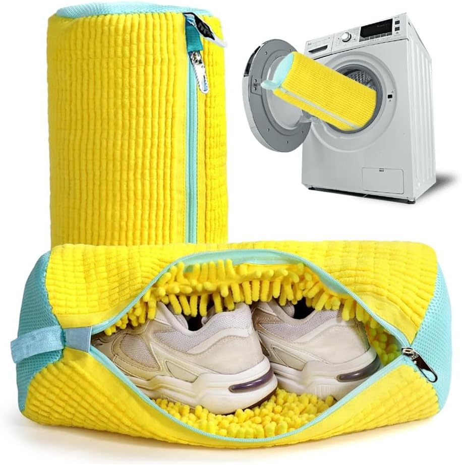 EPSCY Shoe Washing Machine Bag 2 Pack Yellow, 360° Wrap-Around Laundry Bags for Washer and Dryer - Reusable Deep Clean Sneaker Bags - Fits All Shoe Sizes & Types, Self-Locking Zipper, Protects Machine