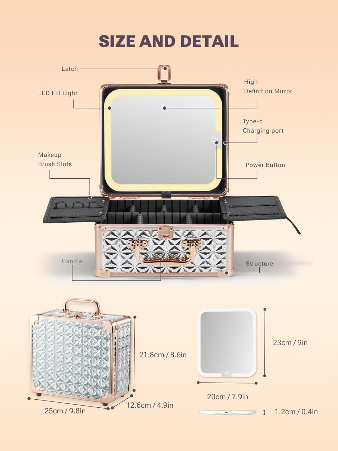 Qislee Makeup Box with A Detachable Lighted Mirror, Waterproof Travel Train Case, Cosmetic Organizer and Makeup Suitcase with Adjustable Dividers, Magnetic LED Mirror(Sparkling Silver)