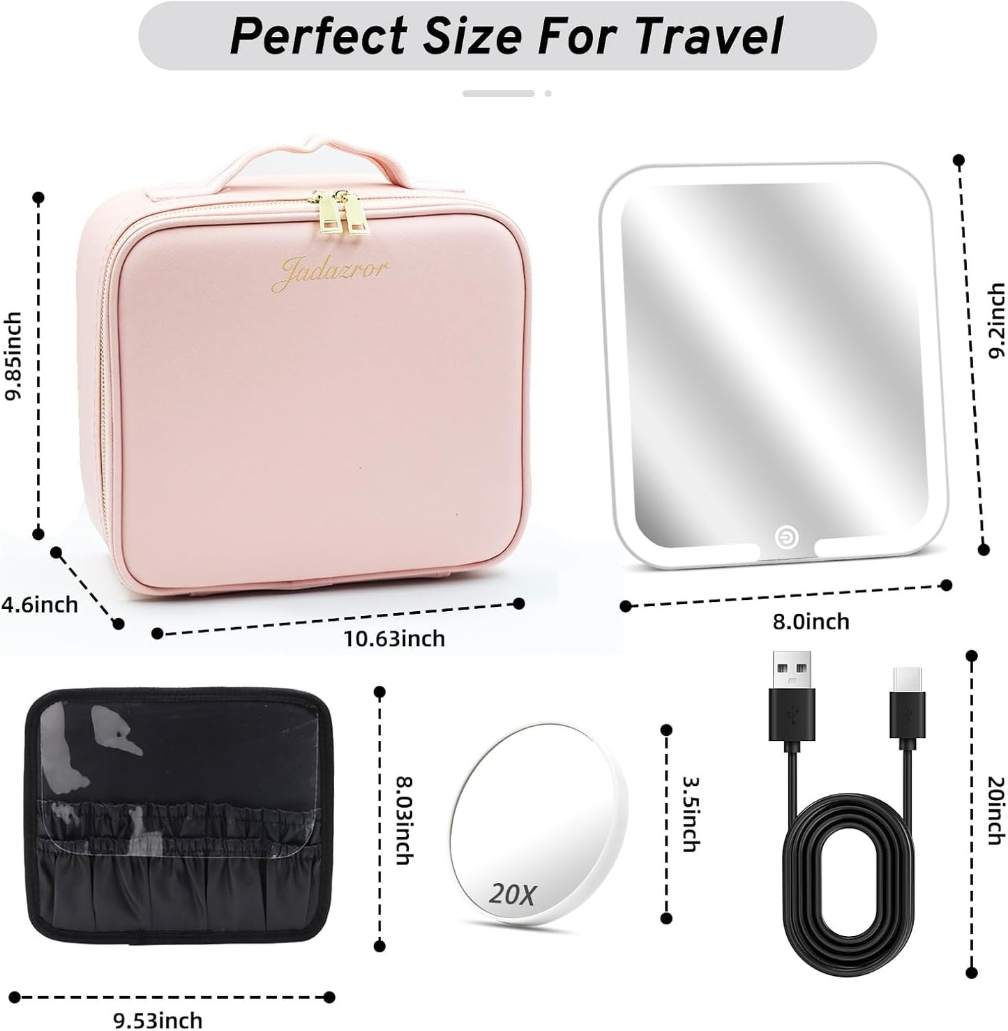 Travel Makeup Bag with Magnetic Removable Lighted Mirror, Cosmetic Bag Organizer with Mirror 360° Angle, Tri-Color LED Lighted Makeup Case, Portable Makeup Travel Train Case with Adjustable Dividers