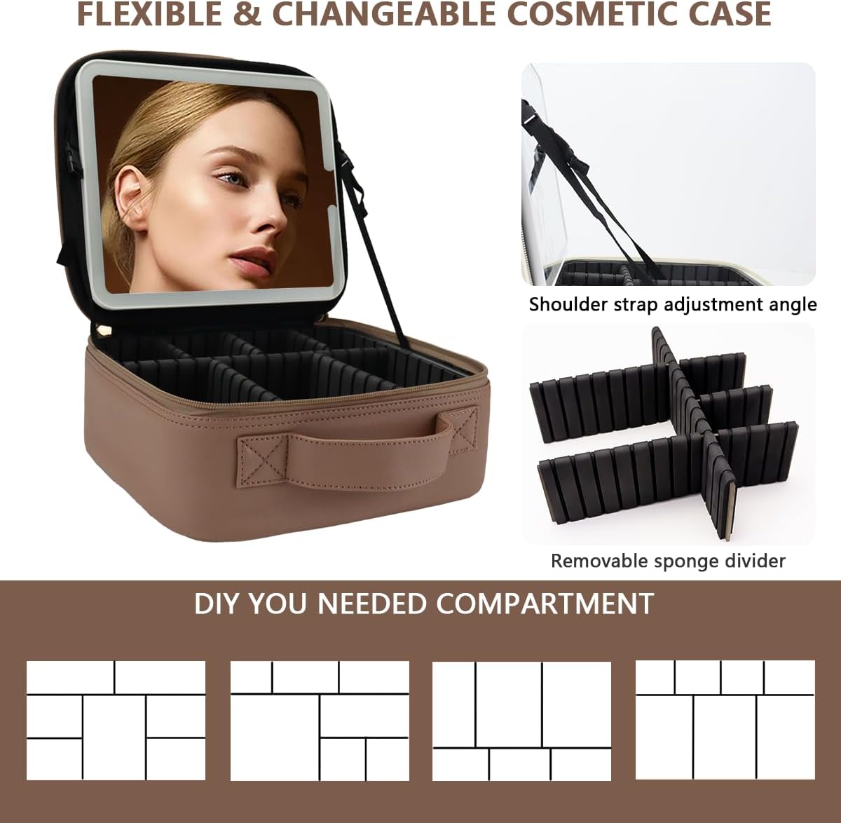 Travel Makeup Bag with LED Lighted Mirror, Travel Makeup Organizer,3 Color Setting Cosmetic Makeup Box, Adjustable Dividers and Brush Holder（Mocha）