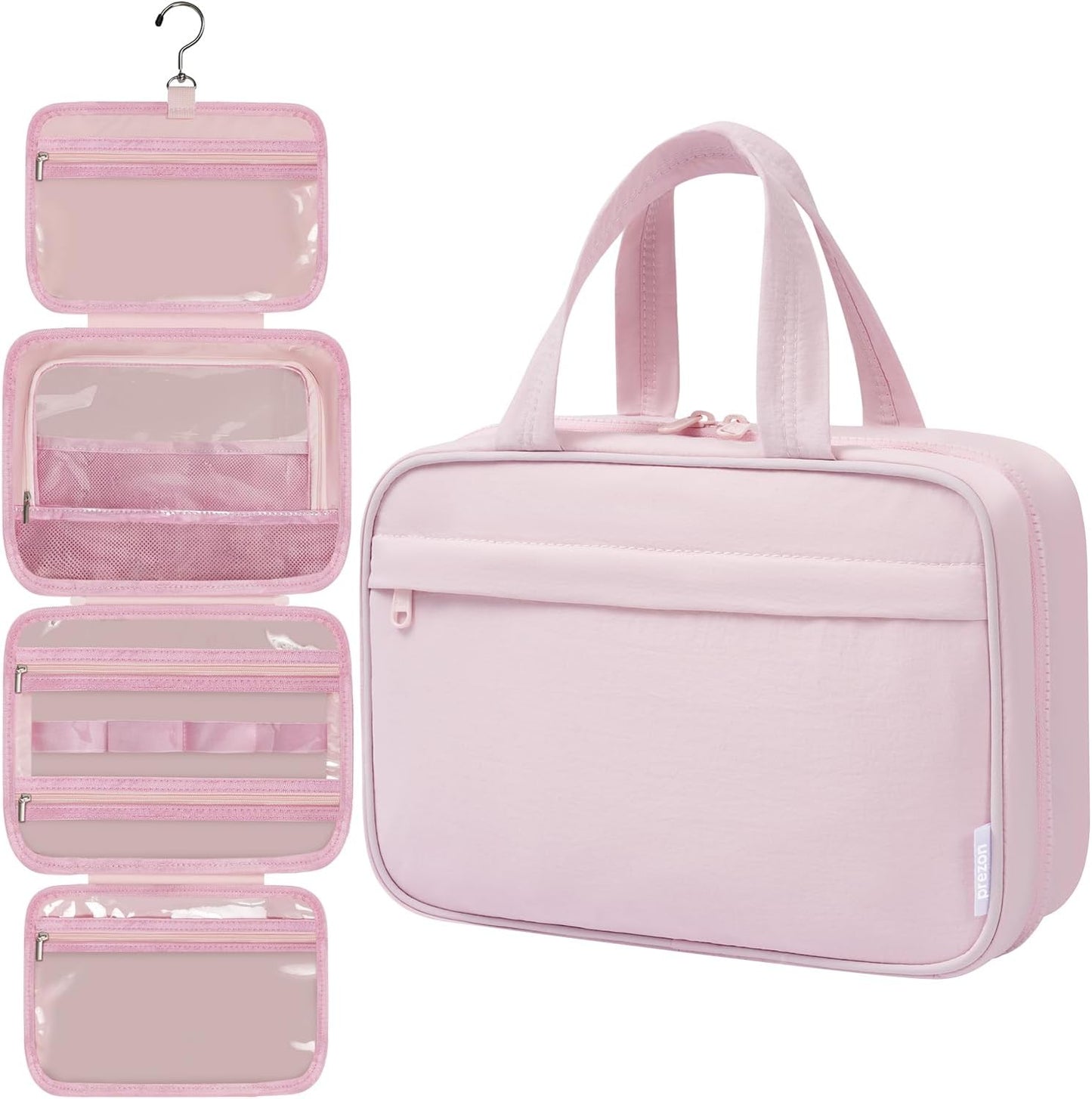 Toiletry Bag For women,Portable Hanging Organizer,4 Leakproof Compartment for full-sized Conditioner, Brushes Set, Makeup Accessories,Visible and easy to access.M-light pink