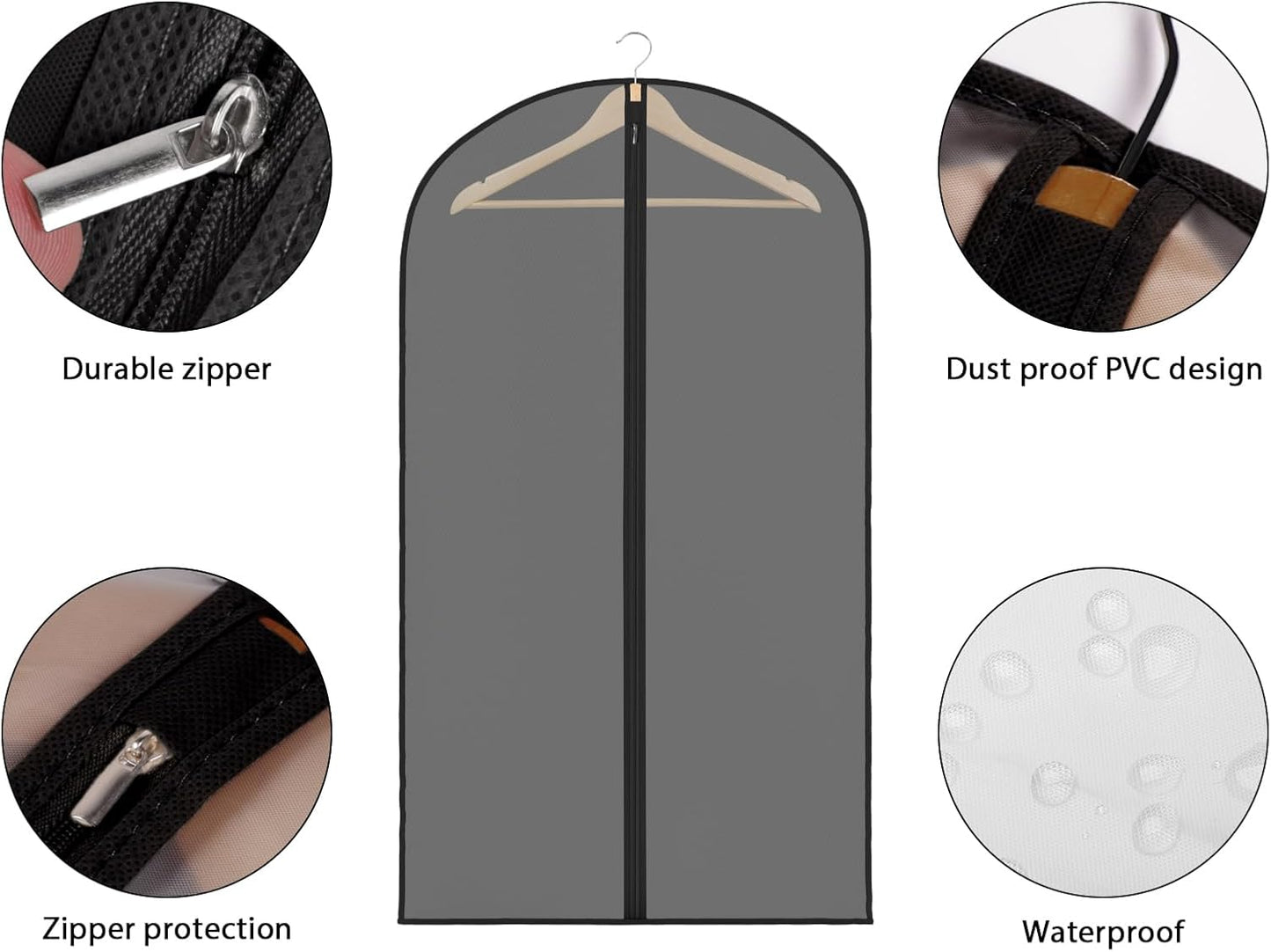 Zilink Clear Suit Bags for Closet Storage and Travel 43" Hanging Suit Covers for Closet Garment Bags for Clothes, T-Shirt, Suits, Coats, Jackets - Black, 8 Pack