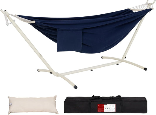 LazyDaze Hammocks Double Hammock with Stand - 2 Person Heavy Duty Outdoor Hammock for Adults, Includes Durable Steel Stand, Portable Carrying Bag and Pillow, Navy Blue