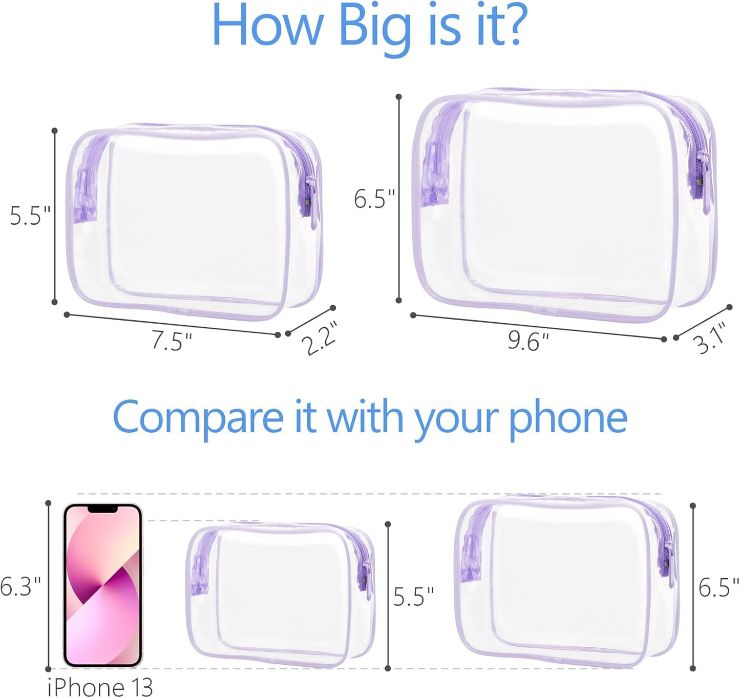 PACKISM Clear Makeup Bags - 2 Pack TSA Approved Toiletry Bags in 2 Size Clear Travels Bags for Toiletries, Cosmetic Bags Airport Carry on Compliant Bag, Light Purple