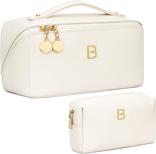 Birthday Gifts for Women Teen Girl, Personalized Initial Makeup Organizer Bag Set, Open Flat Travel Cosmetic Bag With Clear Divider and Handle(Beige,B)