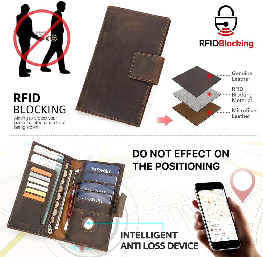 CONTACTS Full Grain Leather Family Passport Holder for 4 Airtag Passport Wallet RFID Blocking Travel Passport Cover with 4 Passport Slot, 6 Card Slot (Brown)