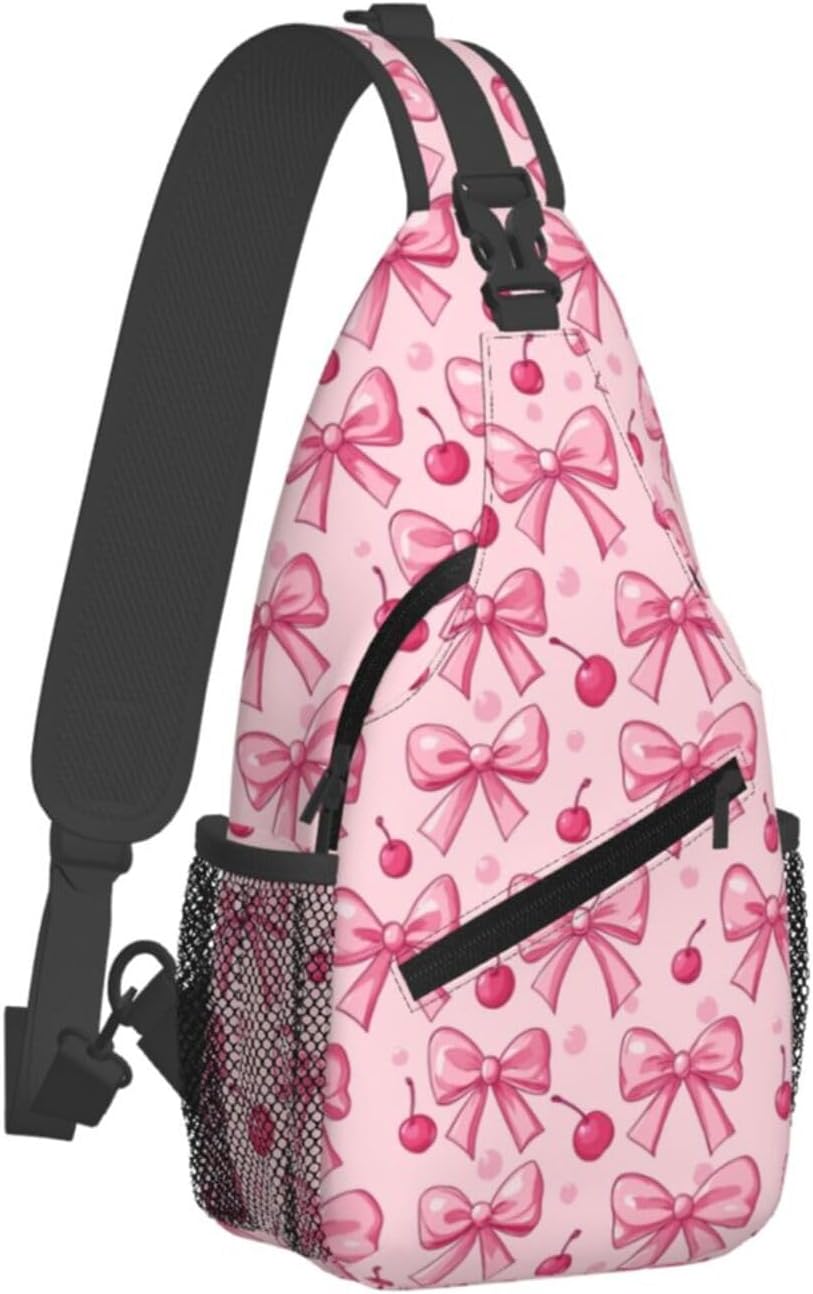 SUPLUCHOM Sling Bag Pink Bows Cherry Hiking Daypack Crossbody Shoulder Backpack Travel Chest Pack for Men Women