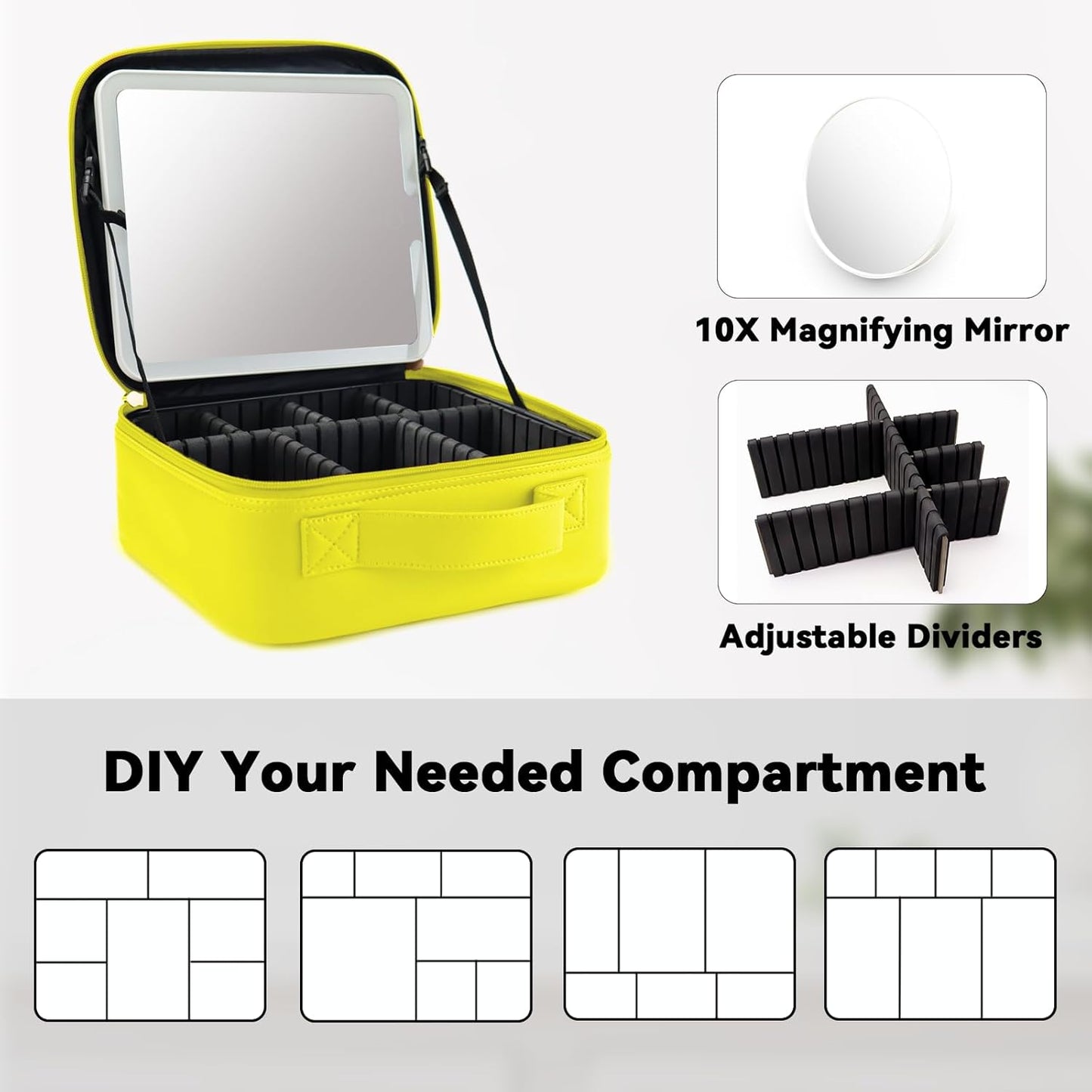 Travel Makeup Bag with LED Mirror and 10x magnifying glass with 3 Lighted Settings, Adjustable Dividers and Makeup Brush Storage Bag Yellow