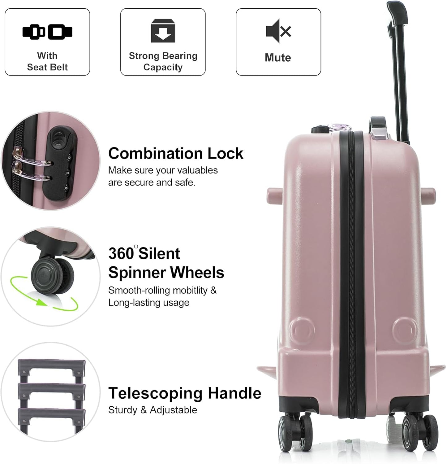22 Inch Ride on Suitcase for Kids, Travel Luggage with Spinner Wheels for Child Travelling Stroller with Combination Lock/Safety Belt/Telescoping Handle (Pink)