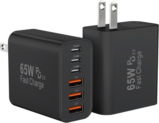 USB C Fast Charger Block, iPhone Charger Fast Charging Blocks 65W Multi Port Charger 6-Ports PD & QC Charging Cube Brick Power Adapter Type C Wall Chargers for iPhone 17/16/15/14/13/12 Pro Max, iPad