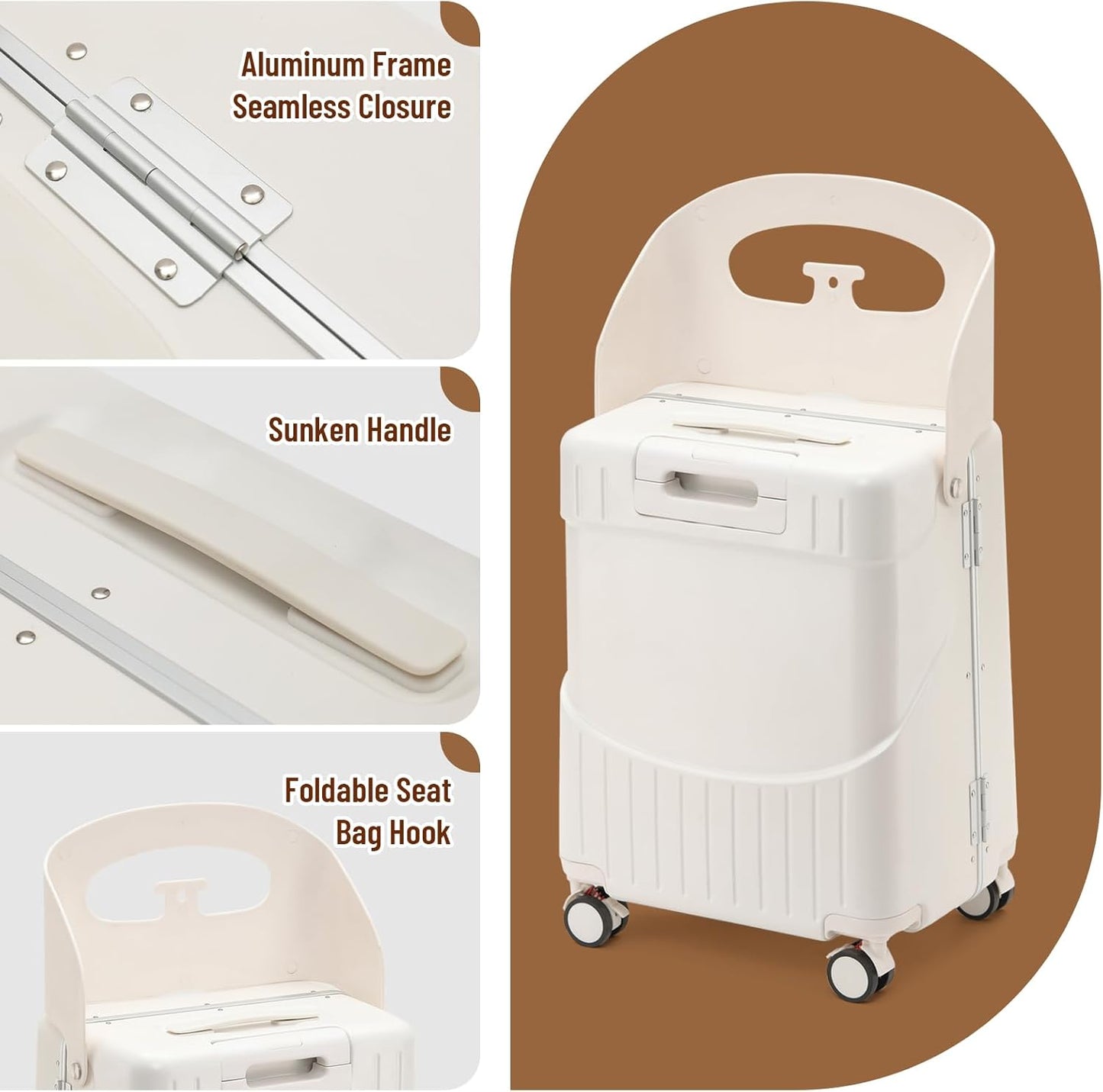 22 Inch TSA Lock Luggage with Seat for Adults and Kids,Check in Lockable Spinner Wheels Suitcase with Belt and Cover (TSA Luggage with Child Seat White)