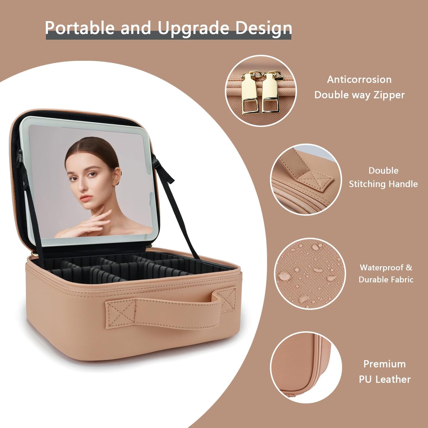 Makeup Bag with Led Mirror,Travel Makeup Organizer with 3 Color Setting, Portable Storage and Adjustable Dividers Travel Makeup Bag(khaki)