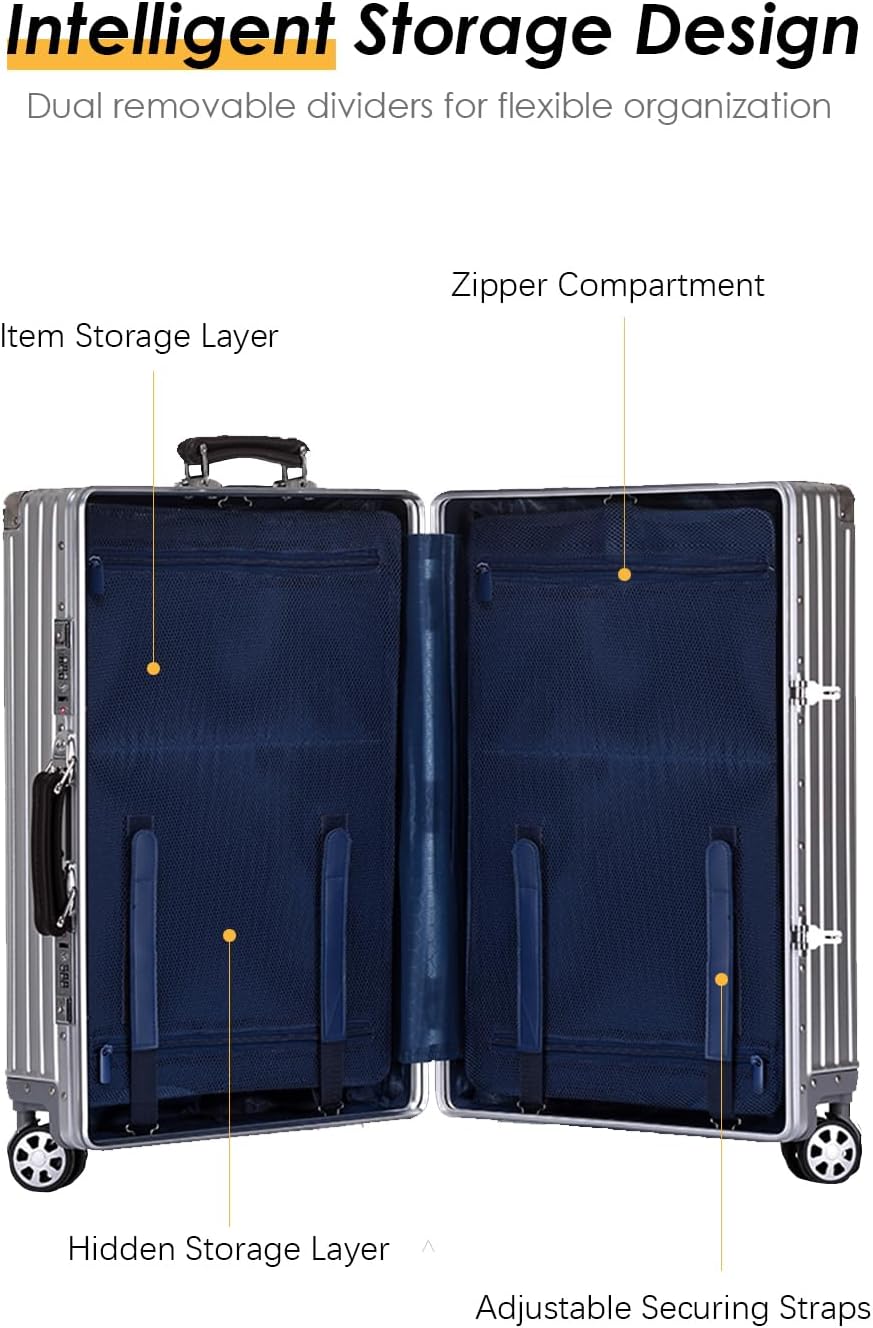 HotWay 28 Inch All Aluminum Checked in Luggage with Leather Handle, Hard Shell Zipperless Suitcase with TSA Locks and Spinner Wheels, Large Luggage for Business Travel, Silver