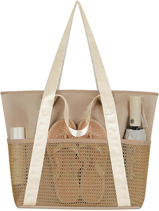 Waterproof Sandproof Beach Bag with Zipper and 6 Pockets - Foldable Lightweight Tote for Pool, Travel