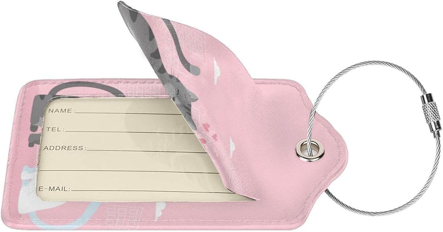 2PC Cats in Love Pattern Luggage Tag with Pink Background, Sublimation Printed Travel Suitcase Baggage Identifiers Tags for Women Men Couple Mr Mrs Children Kids Honeymoon Wedding Gift