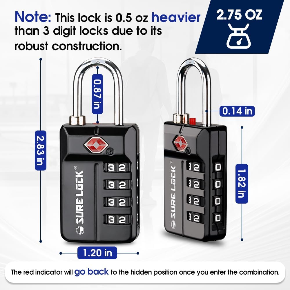 SURE LOCK TSA Approved 4-Digit Resettable Combination Luggage Locks with Open Alert, Easy-Read Dials - for Luggage, School Lockers, Gym, Office, Toolbox & Security Cases (Black 2 Pack)