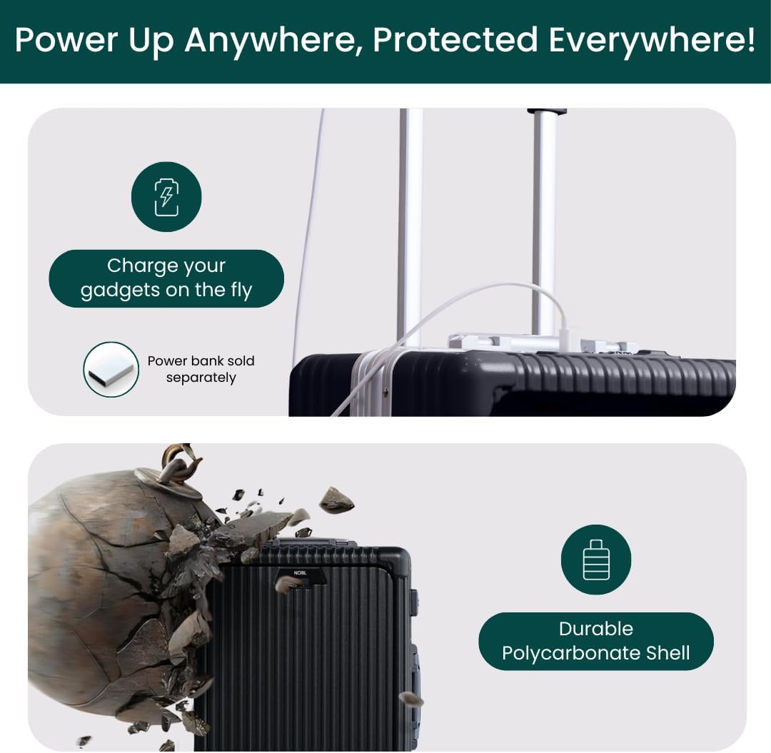 Nobl Travel Carry On Luggage, Noble Zipperless Aluminum Frame, 22.5x15x9.5, 360 Degree Spinner Wheels, TSA Locks, USB Charging Port, Cup & Phone Holder - Black