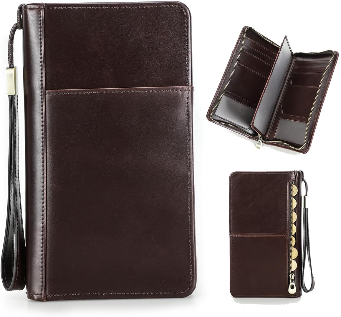 CONTACTS Travel Passport Wallet for Men Leather Family Passport Holder Travel Clutch Wallet Zipper Wrist Card Purse RFID Blocking with 13 Card Slot Fit up 4 Passports