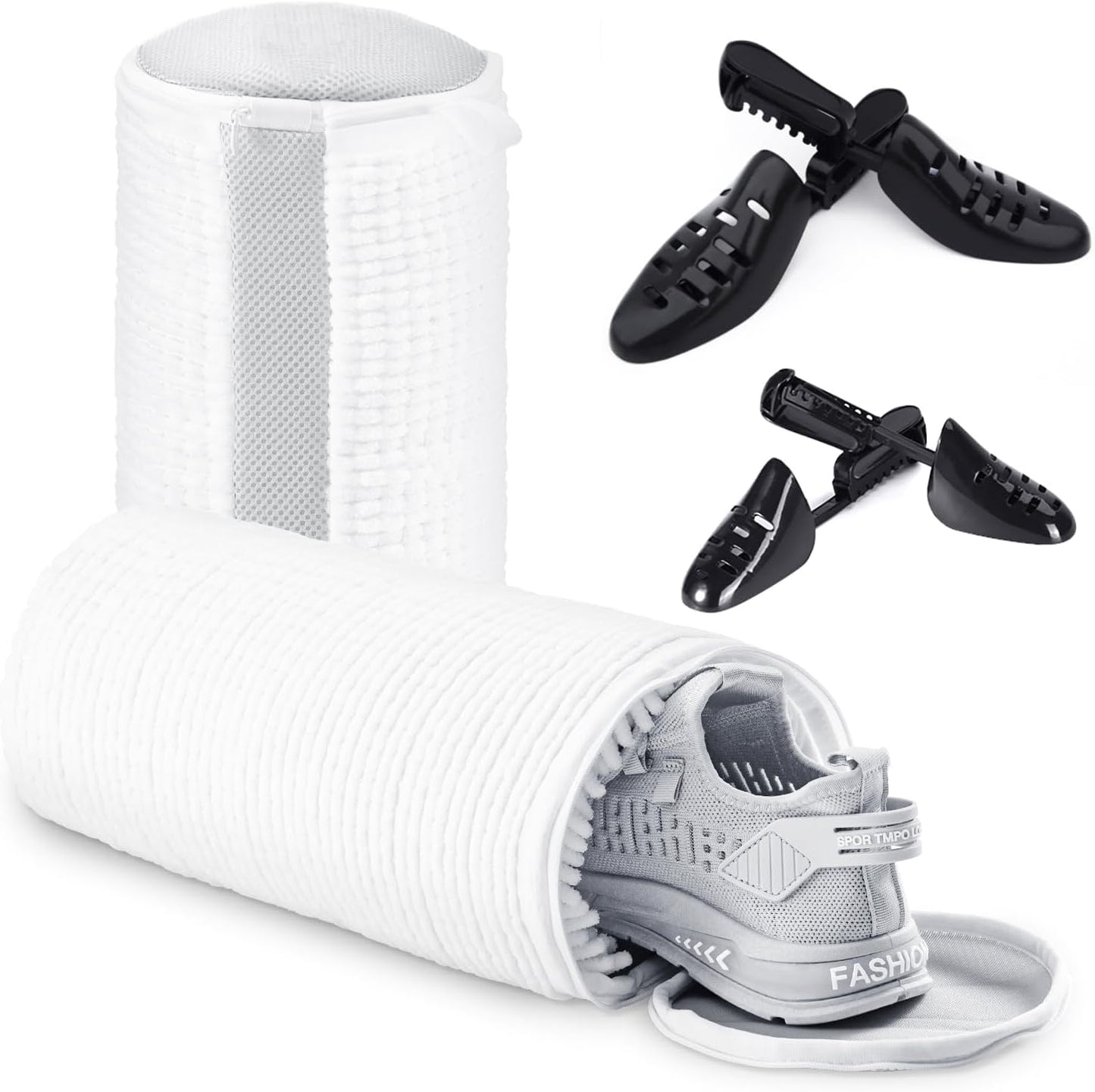 Shoe Washing Bag for Washing Machine, Fluffy Fibers Keep 360° Wrap-around Cleaning, 2 Pairs Adjustable Shoe Trees, Durable Hidden Zipper Reusable Shoe Laundry Bag for Sneaker Gym Shoes White