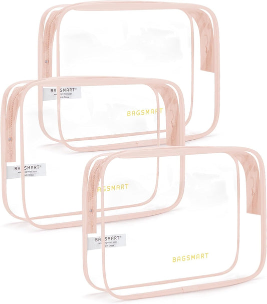 BAGSMART Clear Toiletry Bag, 3 Pack TSA Approved Travel Toiletry bag Carry on Travel Accessories Bag Airport Airline Quart Size Bags Water Repellent Makeup Cosmetic Bag for Women (Nude Pink-3pcs)