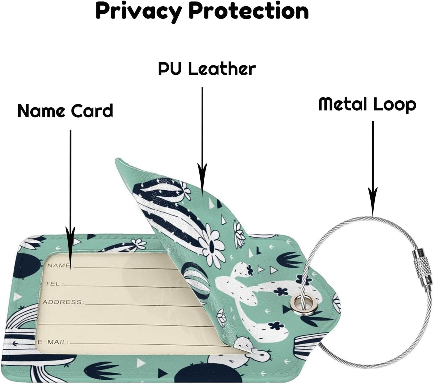 2 Pack Cute Cactus Green Suitcase Tags Identifiers Unique Leather Luggage Tags with Stainless Steel Loop Privacy Cover ID Label for Women Men Girls Boys Travel