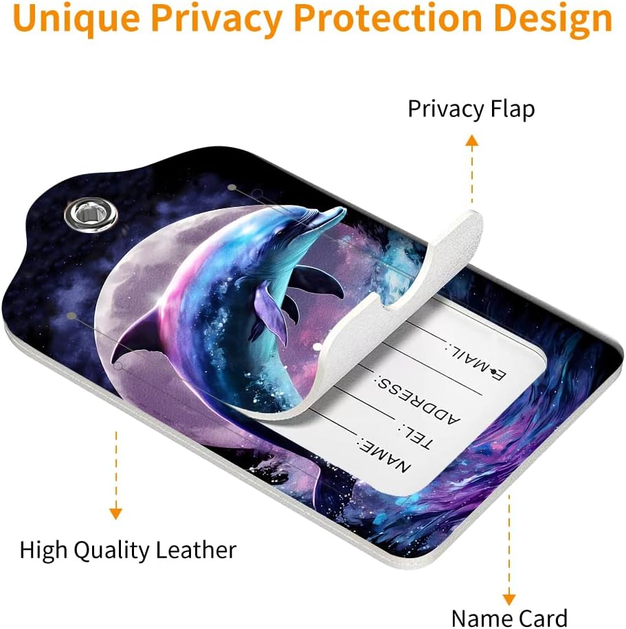 2 Pack Luggage Tag for Suitcase, Cute Unique Leather Bag Tags Identifiers Privacy Cover ID Label with Durable Steel Loop for Women Men Kids Girls Travel，DolphinB